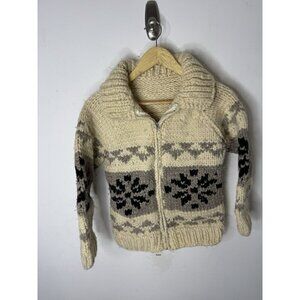 Vintage Cowichan-Style Wool Zip Sweater Cream Gray Snowflake Pattern Women XS